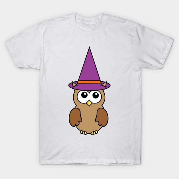 Cute Owl Dressed as a Witch with Purple and Orange Hat T-Shirt by PLLDesigns